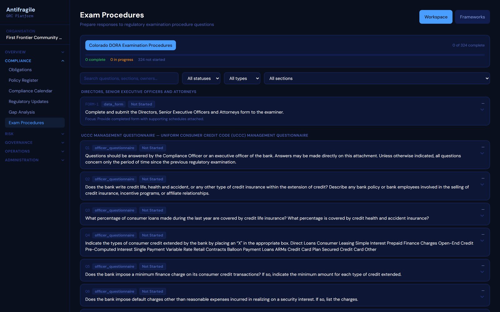 Exam procedures workspace with hundreds of examiner questions loaded