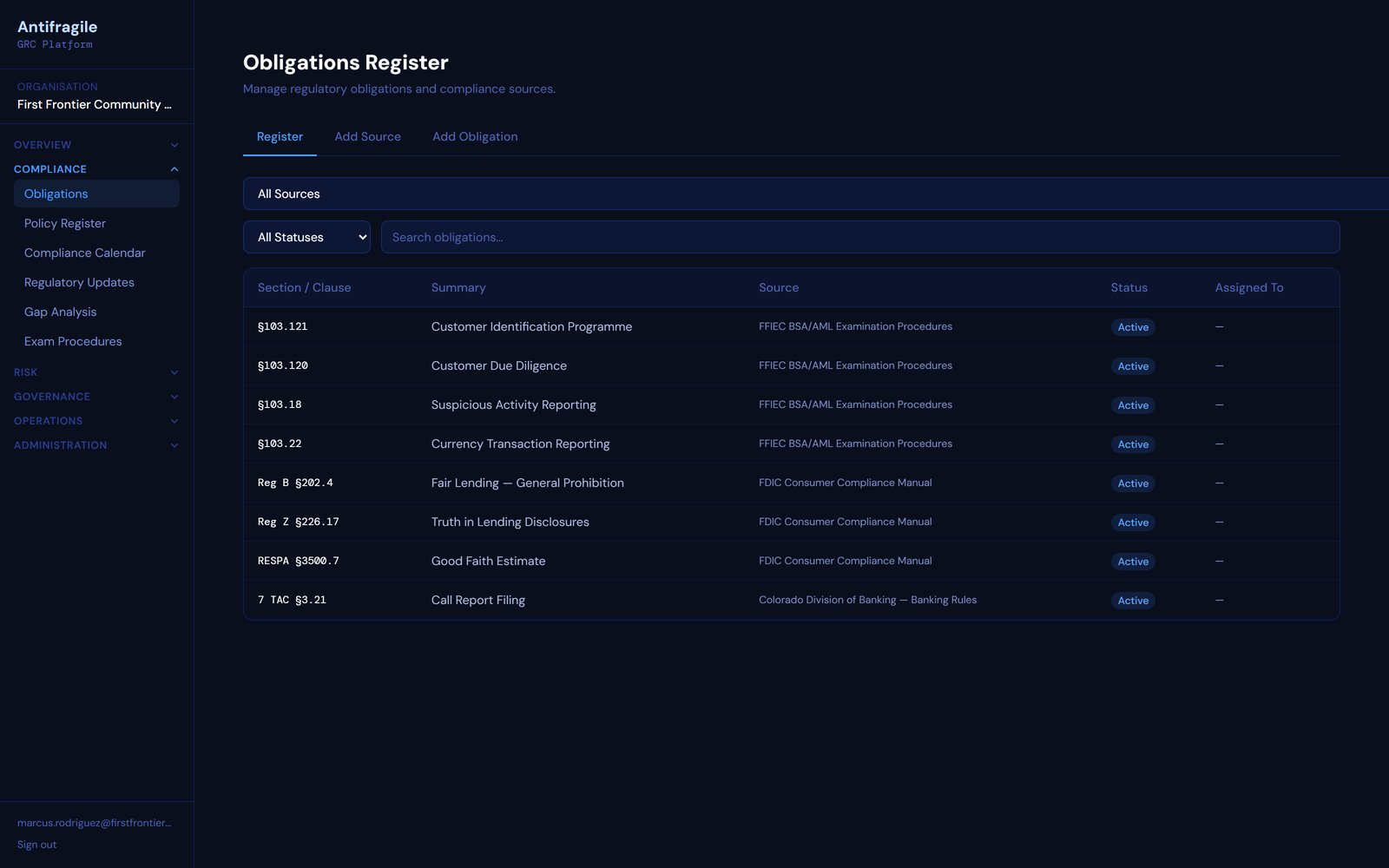Obligations register mapped to state and federal regulatory sources